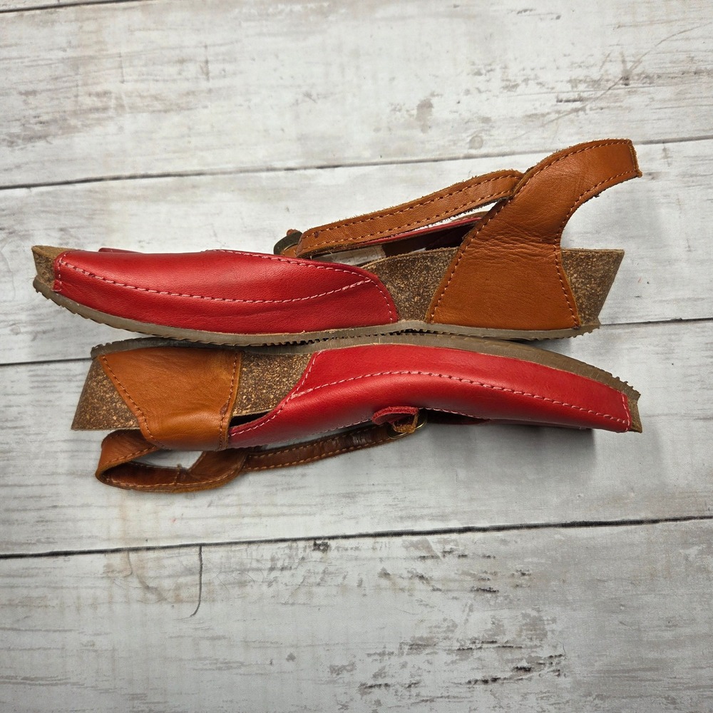 Sergio Tomani Leather Peep Toe Wedge Sandals Women 37 Red Brown Boho Buckle - Picture 6 of 9